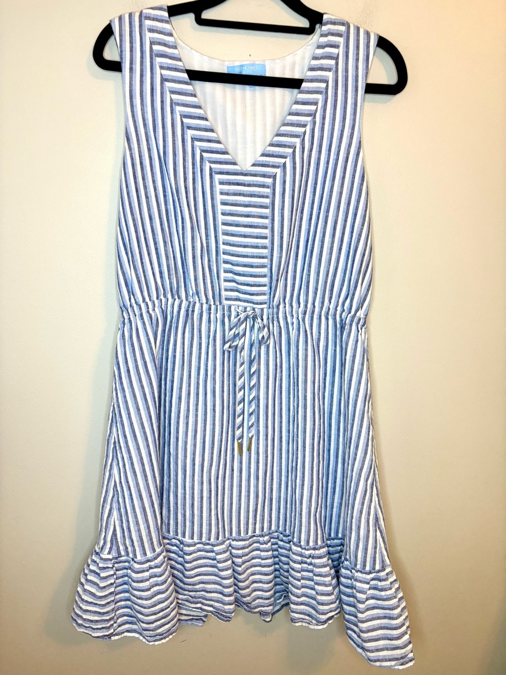 Draper James RSVP Blue White Striped Linen Blend Ruffle Dress M